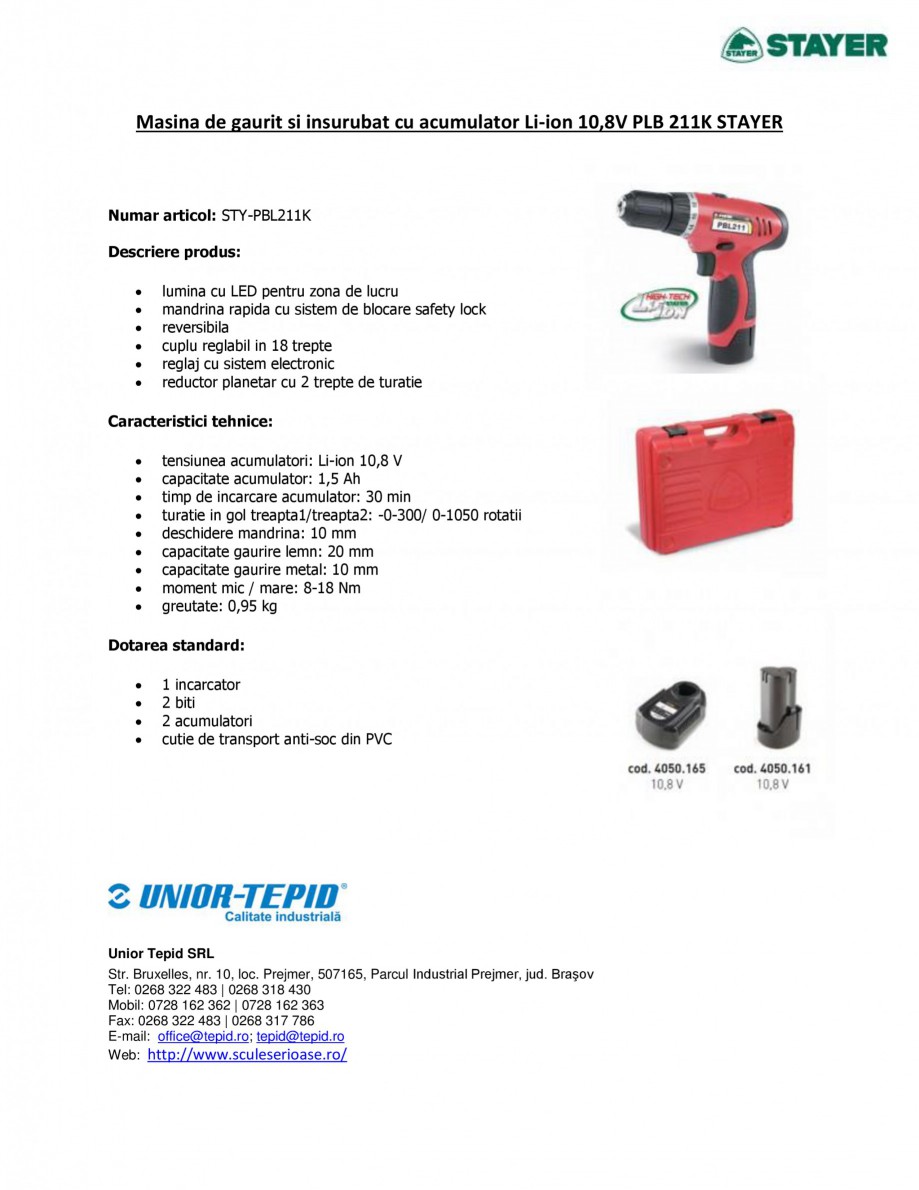 Pagina 1-Masina de gaurit si insurubat cu acumulator Li-ion 10.8V STAYER PBL 211K Fisa tehnica Romana Masina ...