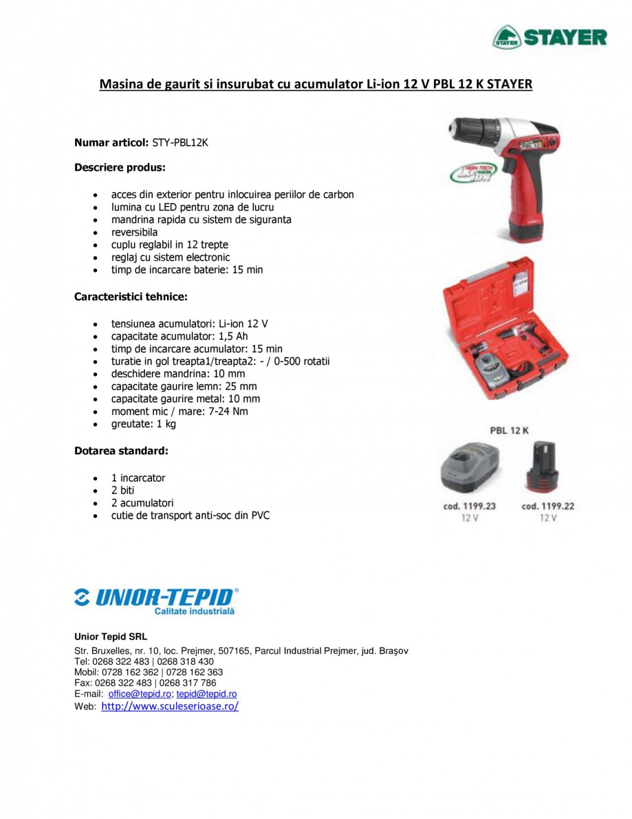 Pagina 1-Masina de gaurit si insurubat cu acumulator Li-ion 12 V STAYER PBL 12 K Fisa tehnica Romana Masina...