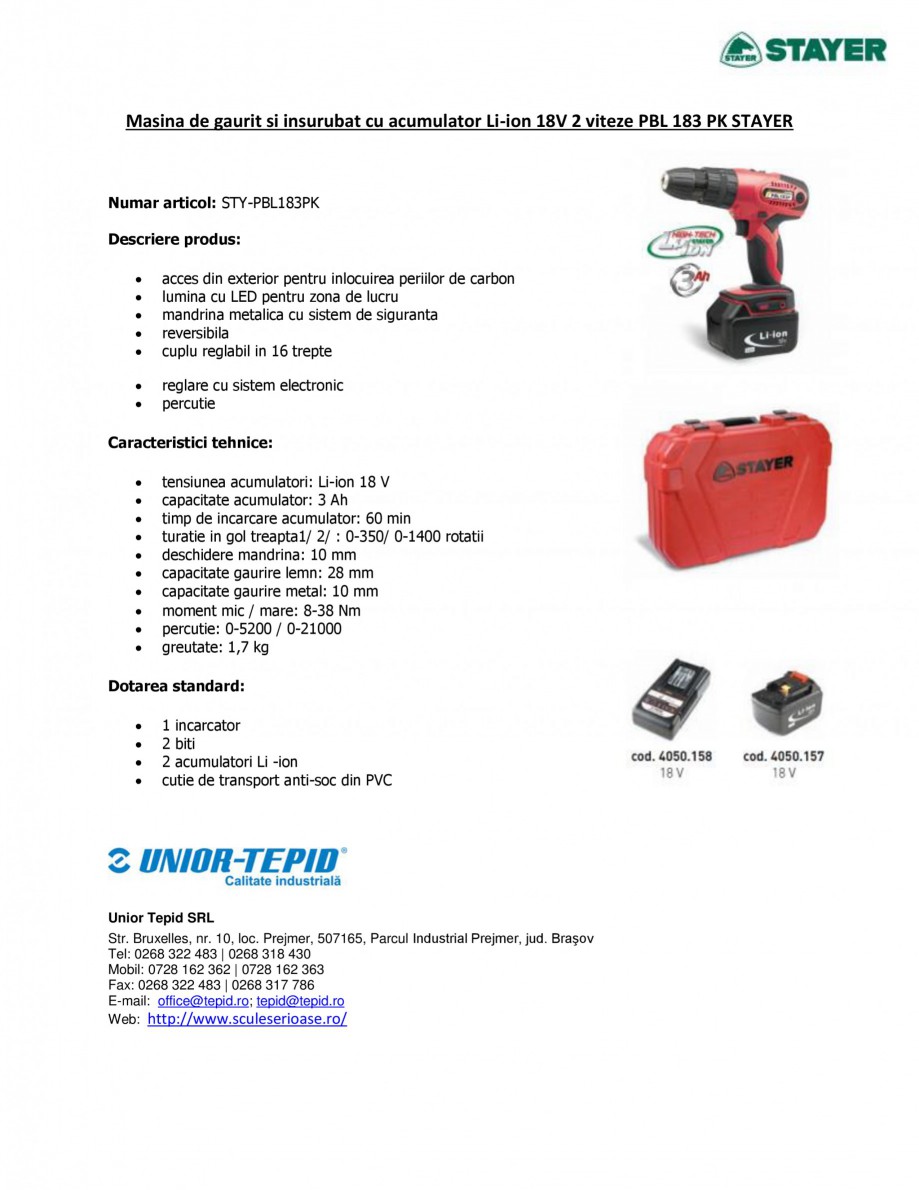Pagina 1-Masina de gaurit si insurubat cu acumulator Li-ion 18V 2 viteze STAYER PBL 183 PK Fisa tehnica...