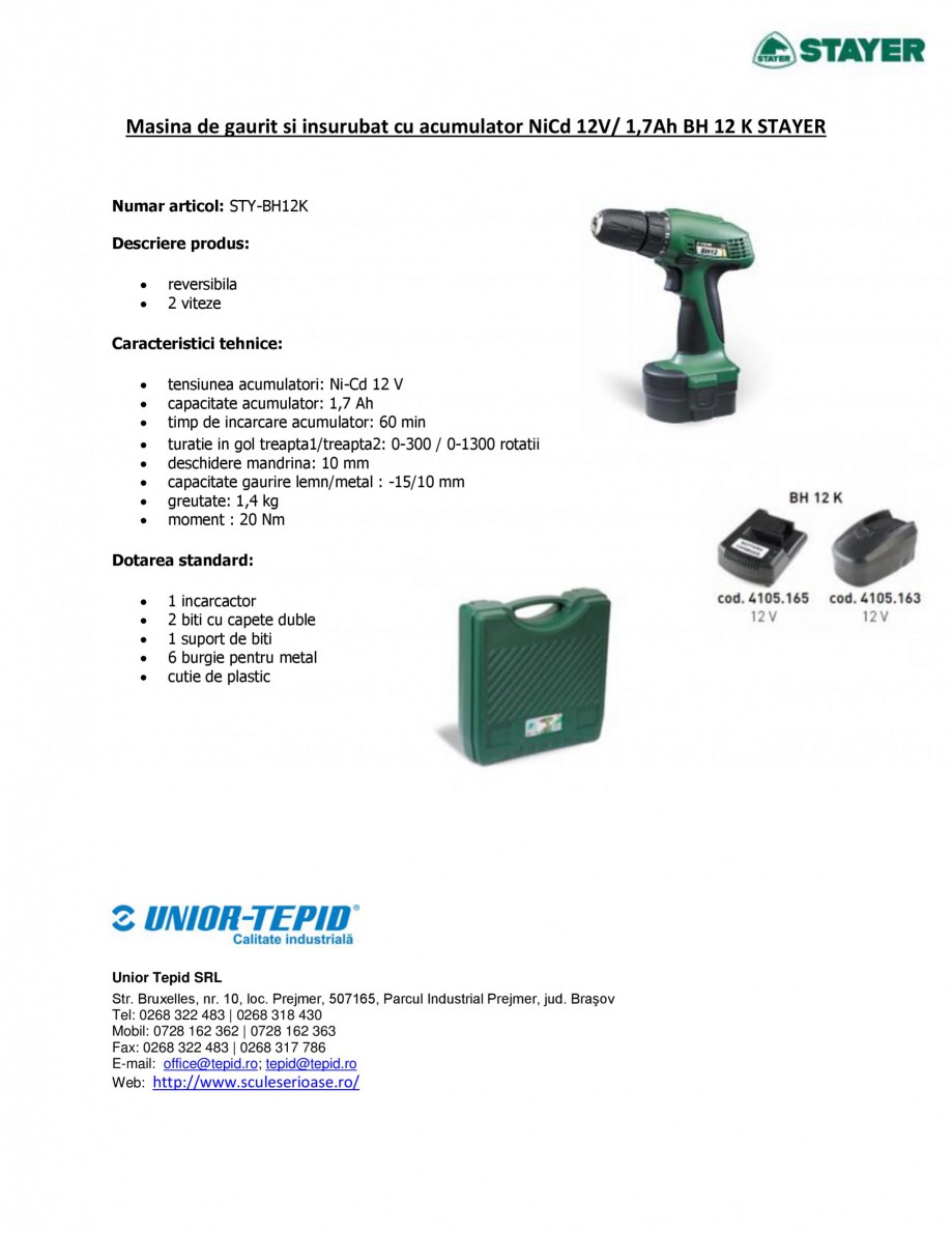 Pagina 1-Masina de gaurit si insurubat cu acumulator NiCd 12V 1.7Ah STAYER BH 12 K Fisa tehnica Romana Masina...
