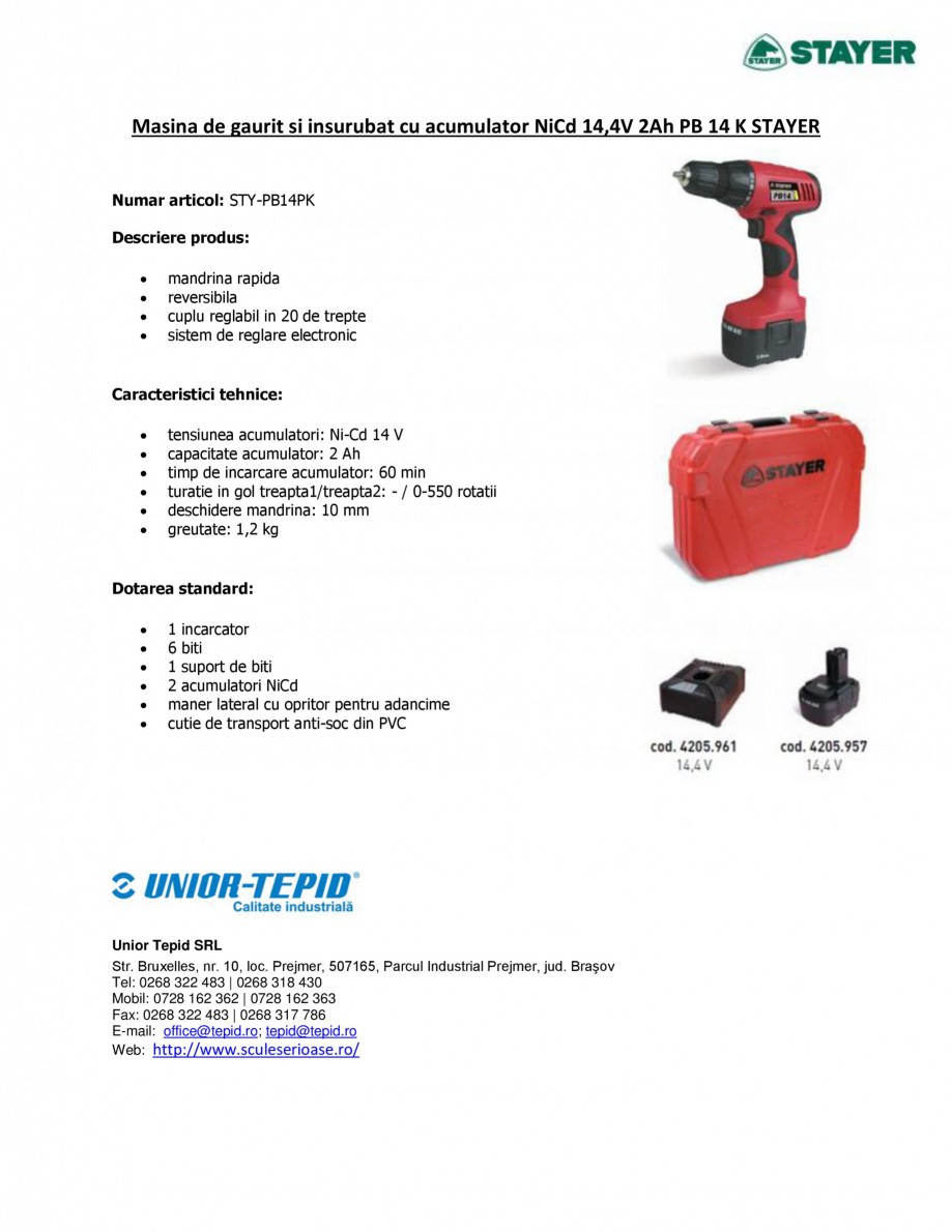Pagina 1-Masina de gaurit si insurubat cu acumulator NiCd 14.4V 2Ah STAYER PB 14 K Fisa tehnica Romana Masina...