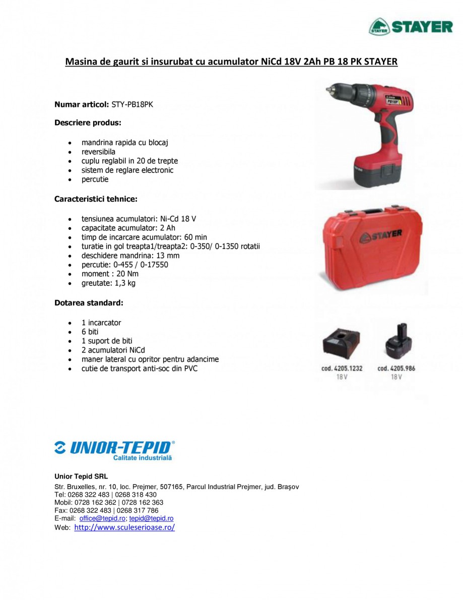 Pagina 1-Masina de gaurit si insurubat cu acumulator NiCd 18V 2Ah STAYER PB 18 PK Fisa tehnica Romana Masina ...