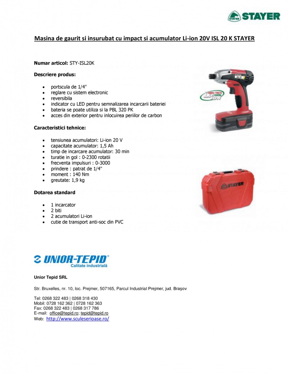 Pagina 1-Masina de gaurit si insurubat cu impact si acumulator Li-ion 20V STAYER ISL 20 K Fisa tehnica Romana...