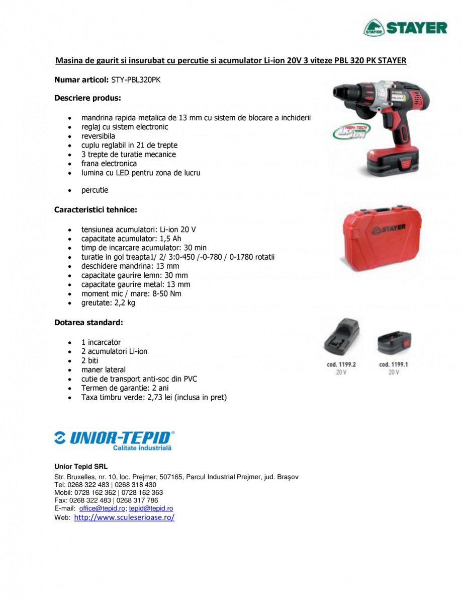 Pagina 1-Masina de gaurit si insurubat cu percutie si acumulator Li-ion 20V 3 viteze STAYER PBL 320 PK Fisa...