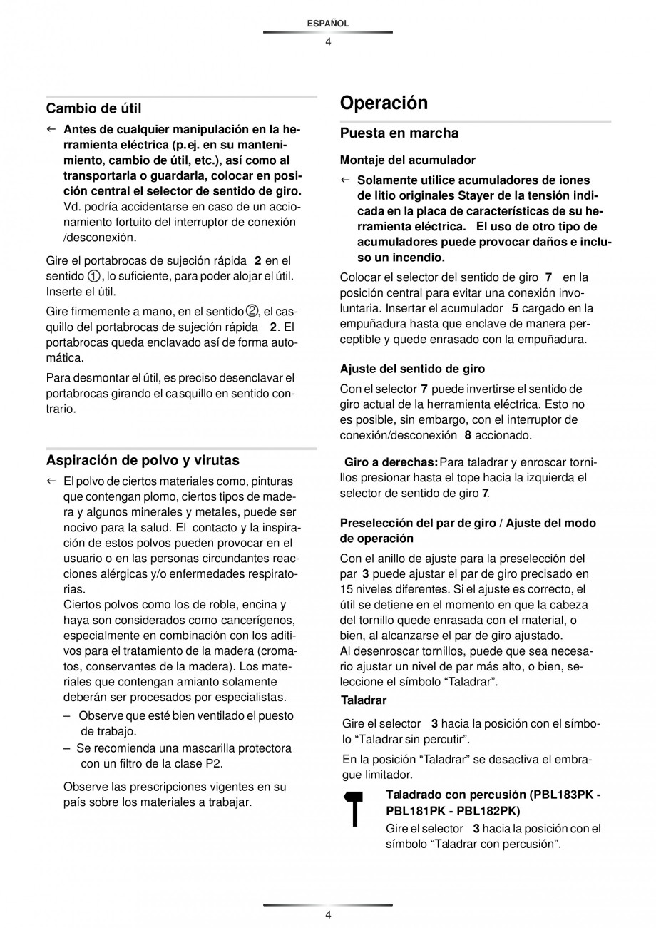 Pagina 6-Masina de gaurit cu percutie si acumulator 18 V 2.8 Ah STAYER PBL 182 PK Instructiuni montaj,...