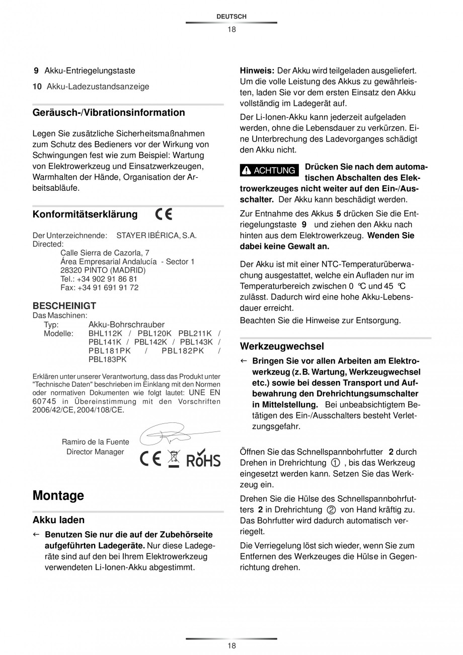 Pagina 20-Masina de gaurit cu percutie si acumulator 18 V 2.8 Ah STAYER PBL 182 PK Instructiuni montaj,...