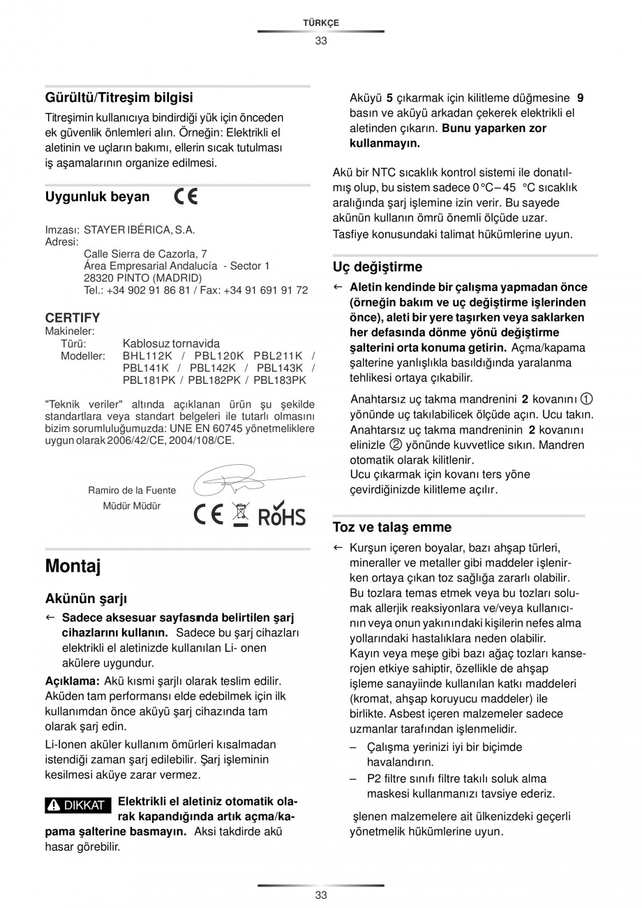 Pagina 35-Masina de gaurit cu percutie si acumulator 18 V 2.8 Ah STAYER PBL 182 PK Instructiuni montaj,...