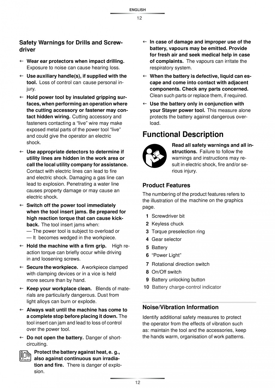 Pagina 15-Masina de gaurit si insurubat cu acumulator 12 V 1.3 Ah STAYER BHL 112 K Instructiuni montaj,...