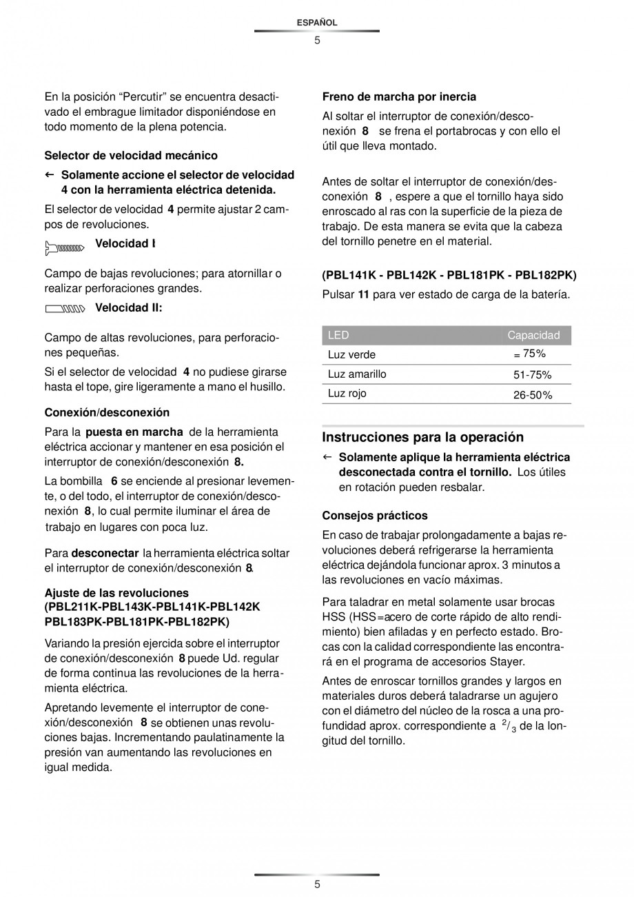 Pagina 7-Masina de gaurit si insurubat cu acumulator 12 V 1.5 Ah STAYER PBL 120 K Instructiuni montaj,...