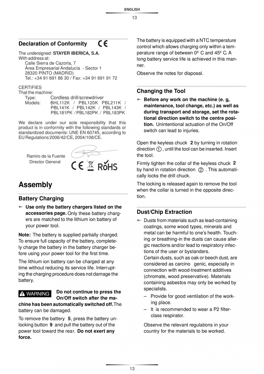 Pagina 15-Masina de gaurit si insurubat cu acumulator Li-ion 14.4V 2 viteze STAYER PBL 143 K Instructiuni...