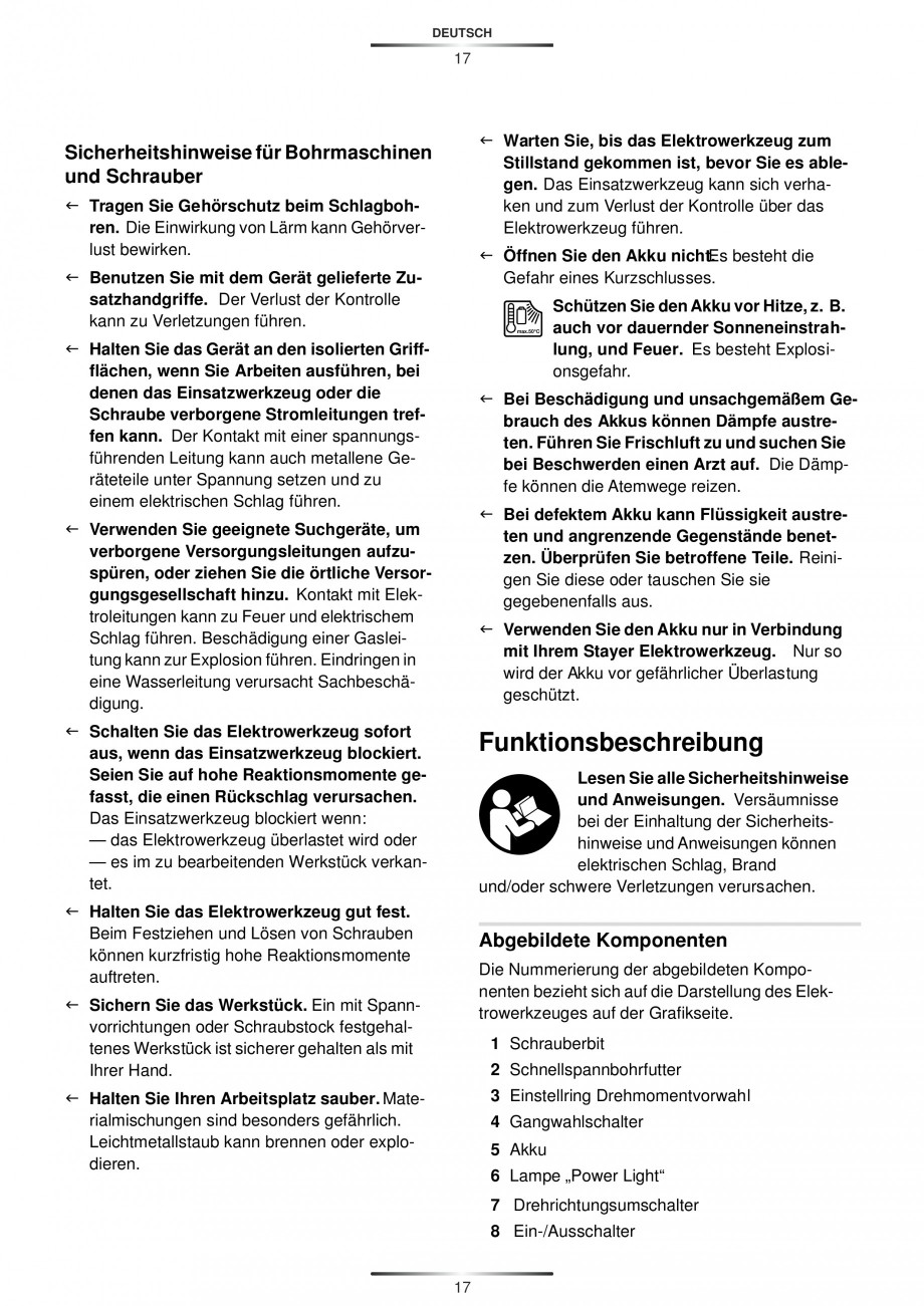 Pagina 19-Masina de gaurit si insurubat cu acumulator Li-ion 14.4V 2 viteze STAYER PBL 143 K Instructiuni...