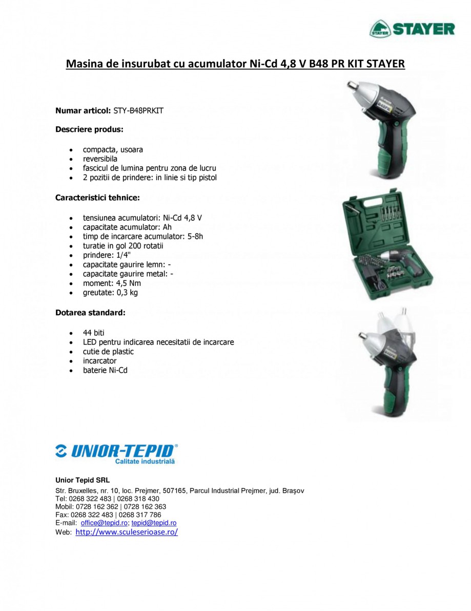 Pagina 1-Masina de insurubat cu acumulator Ni-Cd 4.8 V STAYER B48 PR KIT Fisa tehnica Romana Masina de...
