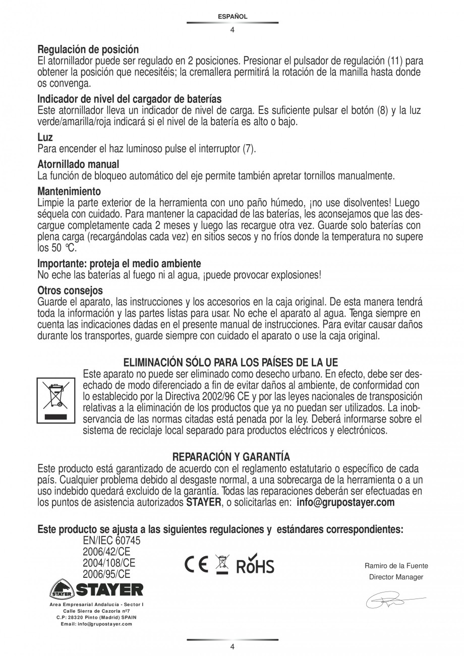 Pagina 5-Masina de insurubat cu acumulator Ni-Cd 4.8 V STAYER B48 PR KIT Instructiuni montaj, utilizare...