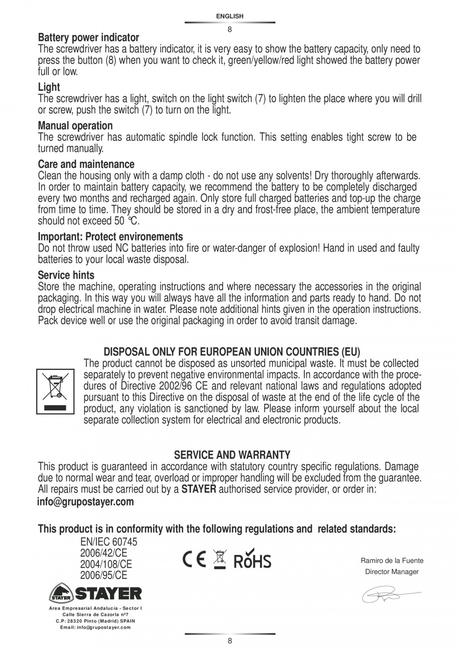 Pagina 9-Masina de insurubat cu acumulator Ni-Cd 4.8 V STAYER B48 PR KIT Instructiuni montaj, utilizare...