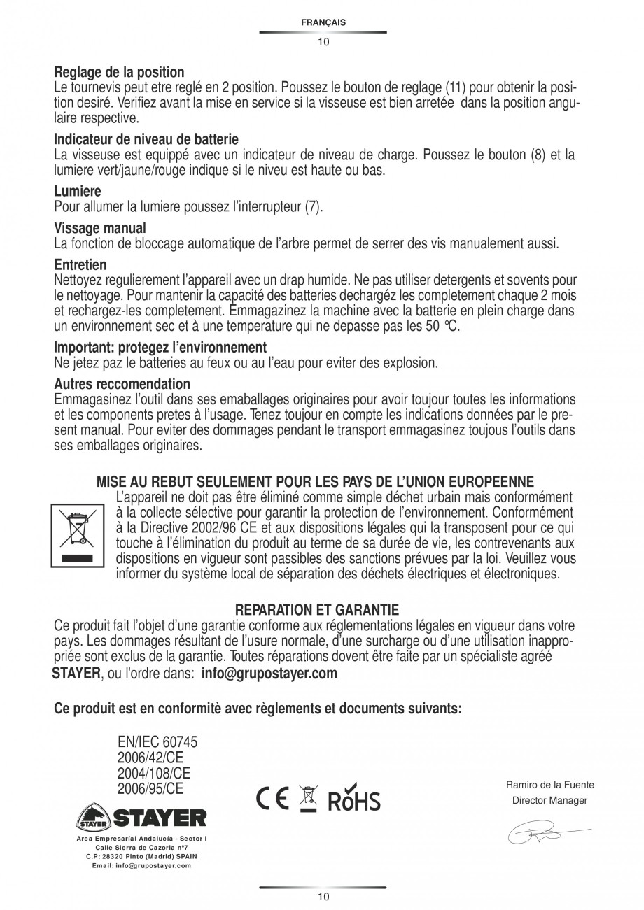 Pagina 11-Masina de insurubat cu acumulator Ni-Cd 4.8 V STAYER B48 PR KIT Instructiuni montaj, utilizare...