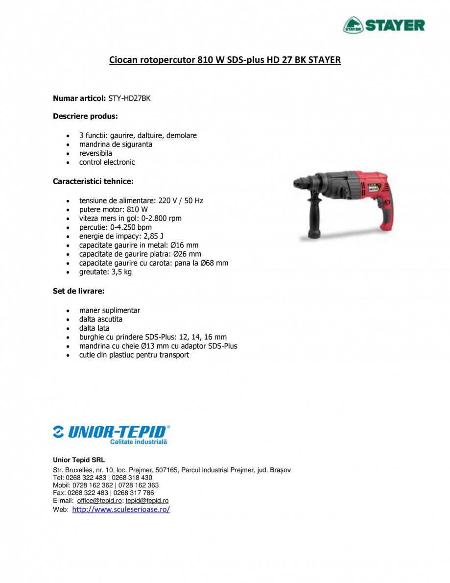 Pagina 1-Ciocan rotopercutor 810 W STAYER SDS-plus HD 27BK Fisa tehnica Romana Ciocan rotopercutor 810 W...