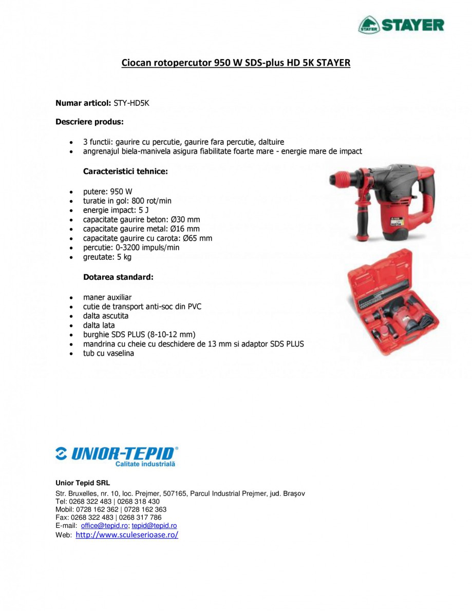 Pagina 1-Ciocan rotopercutor 950 W STAYER SDS-plus HD 5K Fisa tehnica Romana Ciocan rotopercutor 950 W...