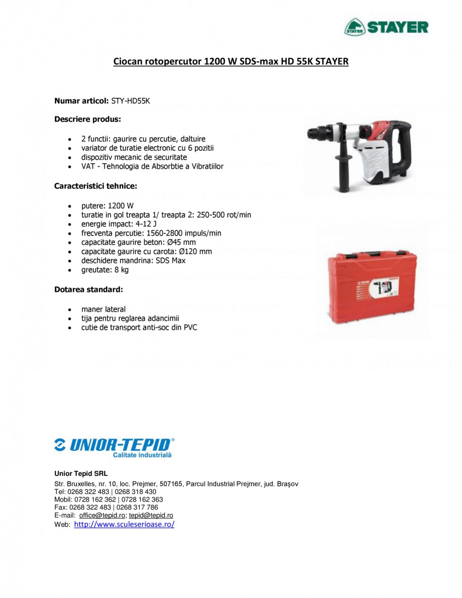 Pagina 1-Ciocan rotopercutor 1200 W STAYER SDS-max HD 55K Fisa tehnica Romana Ciocan rotopercutor 1200 W...