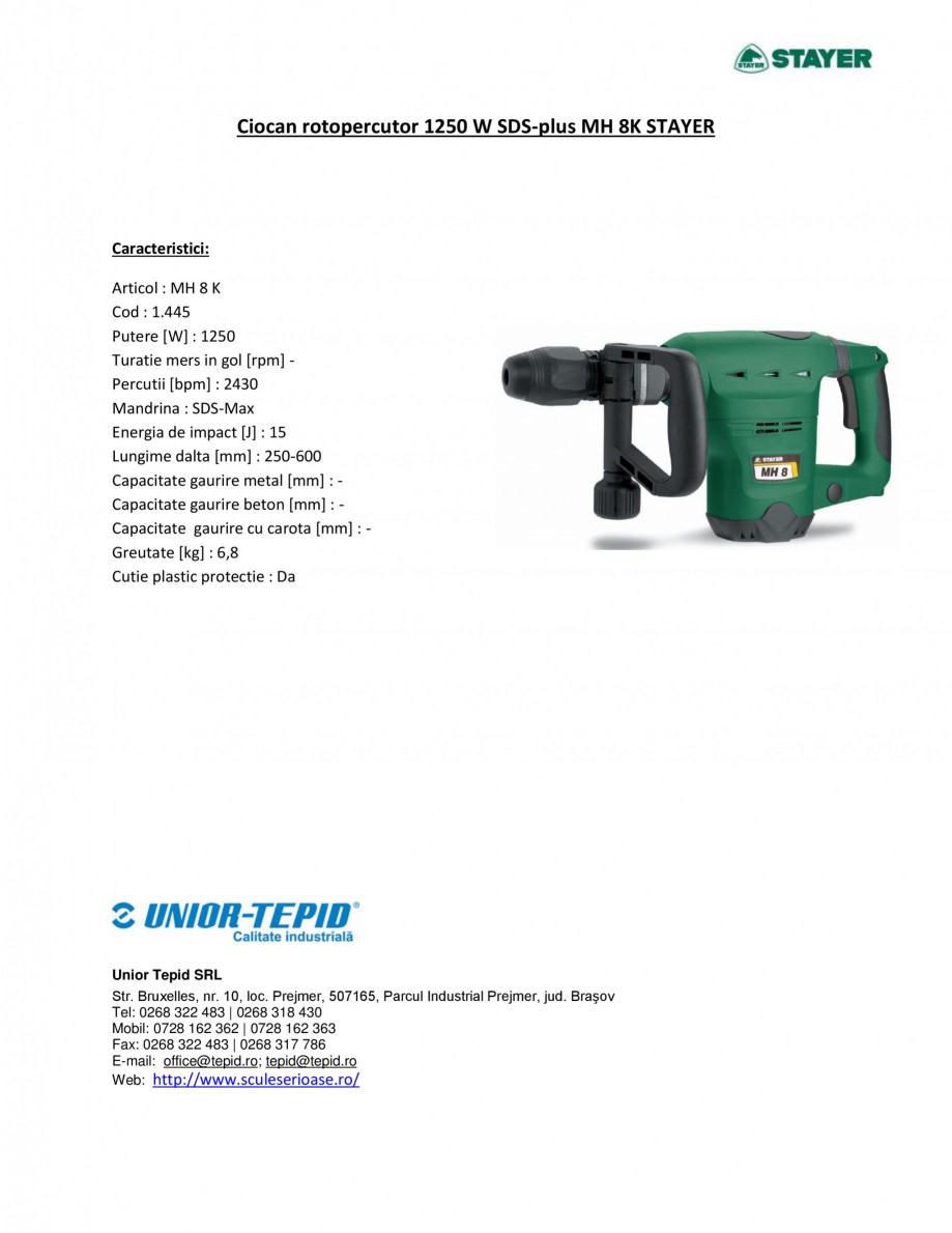 Pagina 1-Ciocan rotopercutor 1250 W STAYER SDS-plus MH 8K Fisa tehnica Romana Ciocan rotopercutor 1250 W...