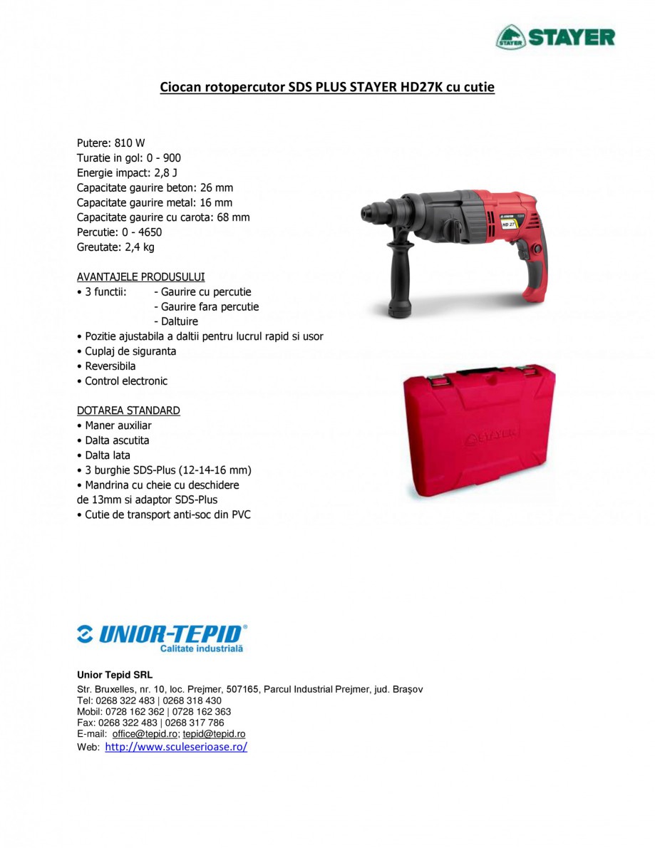 Pagina 1-Ciocan rotopercutor cu cutie STAYER SDS-plus HD 27K Fisa tehnica Romana Ciocan rotopercutor SDS PLUS...