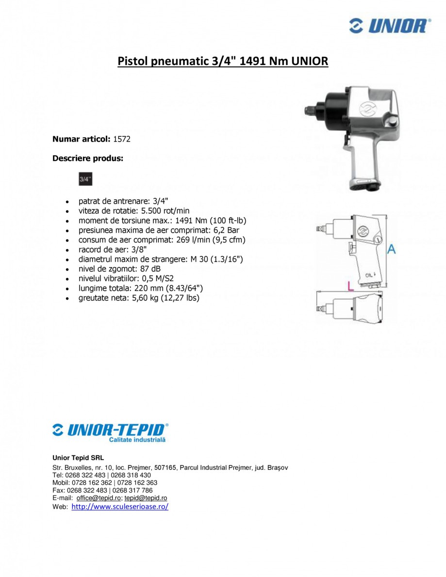 Pagina 1-Pistol pneumatic 3 4 1491 Nm UNIOR Pistol pneumatic 1572 Fisa tehnica Romana Pistol pneumatic 3/4