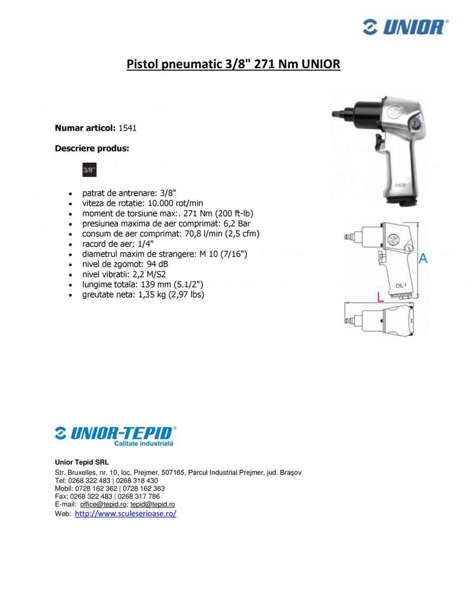 Pagina 1-Pistol pneumatic 3 8 271 Nm UNIOR Pistol pneumatic 1541 Fisa tehnica Romana Pistol pneumatic 3/8