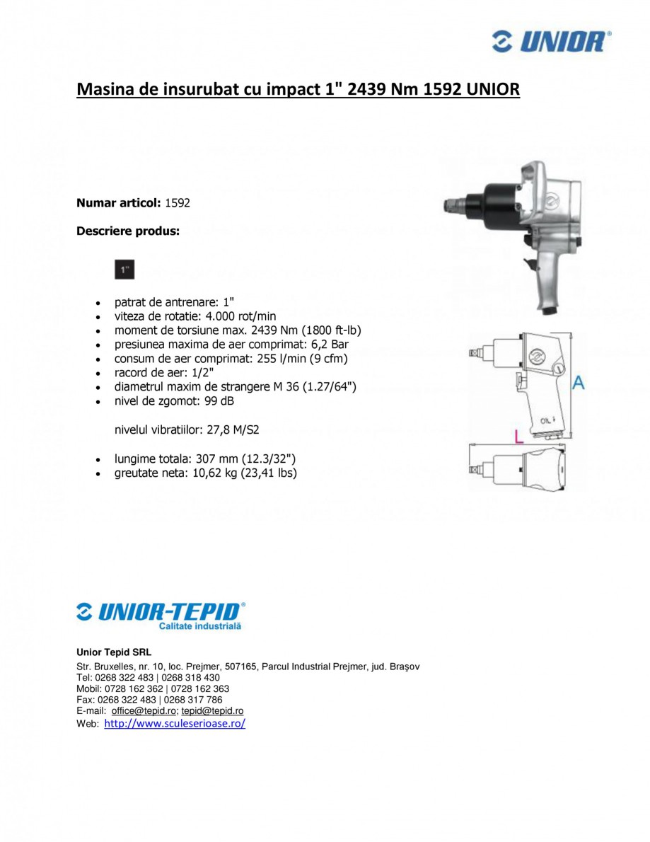 Pagina 1-Masina de insurubat cu impact 1 2439 Nm UNIOR Masina de insurubat cu impact 1592 Fisa tehnica Romana...