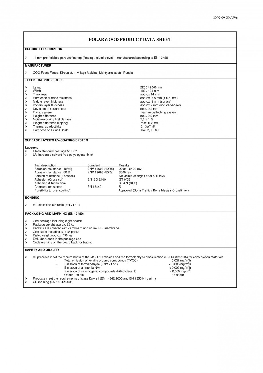 Pagina 1-Parchet triplu stratificat stejar Polarwood - Fisa tehnica generala POLARWOOD Mars Oiled, Moon Oiled...