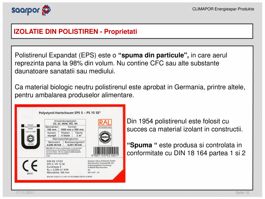 Pagina 10-Produse pentru reducerea consumului de energie/materiale pentru izolatii CLIMAPOR Catalog, brosura...