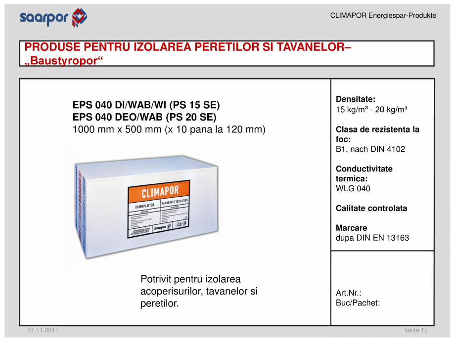 Pagina 15-Produse pentru reducerea consumului de energie/materiale pentru izolatii CLIMAPOR Catalog, brosura...