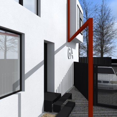 AsiCarhitectura Locuinta unifamiliara P+E+M - Voluntari - accesul in casa si elementul metalic rosu - Proiecte