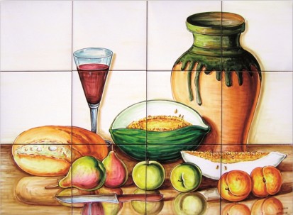 Decor cu fructe, paine si vin Faianta pictata pentru bucatarie