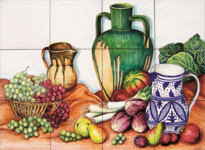 Decor plita cu fructe, legume si vase de lut Faianta pictata pentru bucatarie