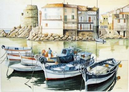 Barci ancorate la mal Faianta pictata pentru restaurante si cafenele 