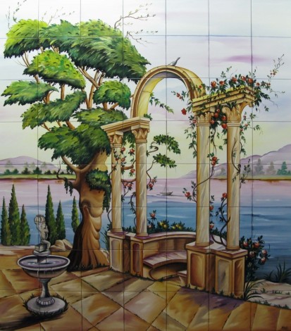 Gradina cu fantana arteziana si coloane pe malul lacului Faianta pictata pentru restaurante si cafenele 