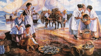 Scena de viata pescareasca Faianta pictata pentru restaurante si cafenele 