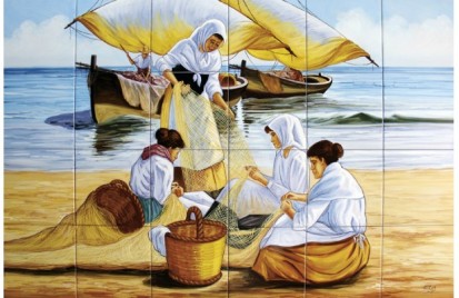 Sotii de pescari reparand un navod Faianta pictata pentru living