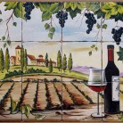 Decor plita rustic cu vita-de-vie si sticla de vin - Faianta pictata manual pentru amenajarea bucatariilor