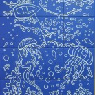 Peisaj subacvatic caluti de mare, pesti - fond albastru - Faianta pictata pentru baie - ARTELUX
