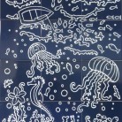 Peisaj subacvatic caluti de mare pesti - fond bleu marine - Faianta pictata pentru baie -