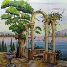 Gradina cu fantana arteziana si coloane pe malul lacului - Faianta pictata pentru dormitor - ARTELUX