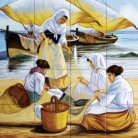 Sotii de pescari reparand un navod - Faianta pictata pentru restaurante - ARTELUX