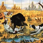 Mistret incercuit de caini de vanatoare - multicolor - Decoruri artistice din faianta pictata pentru living