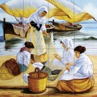 Sotii de pescari reparand un navod - Decoruri artistice din faianta pictata pentru living ARTELUX