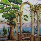 Gradina cu fantana arteziana si coloane pe malul lacului - Decoruri artistice din faianta pictata pentru