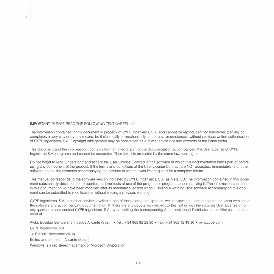 Pagina 2-Manual de calcule CYPE CYPE 3D Fisa tehnica Engleza the product to where it was first acquired for a...