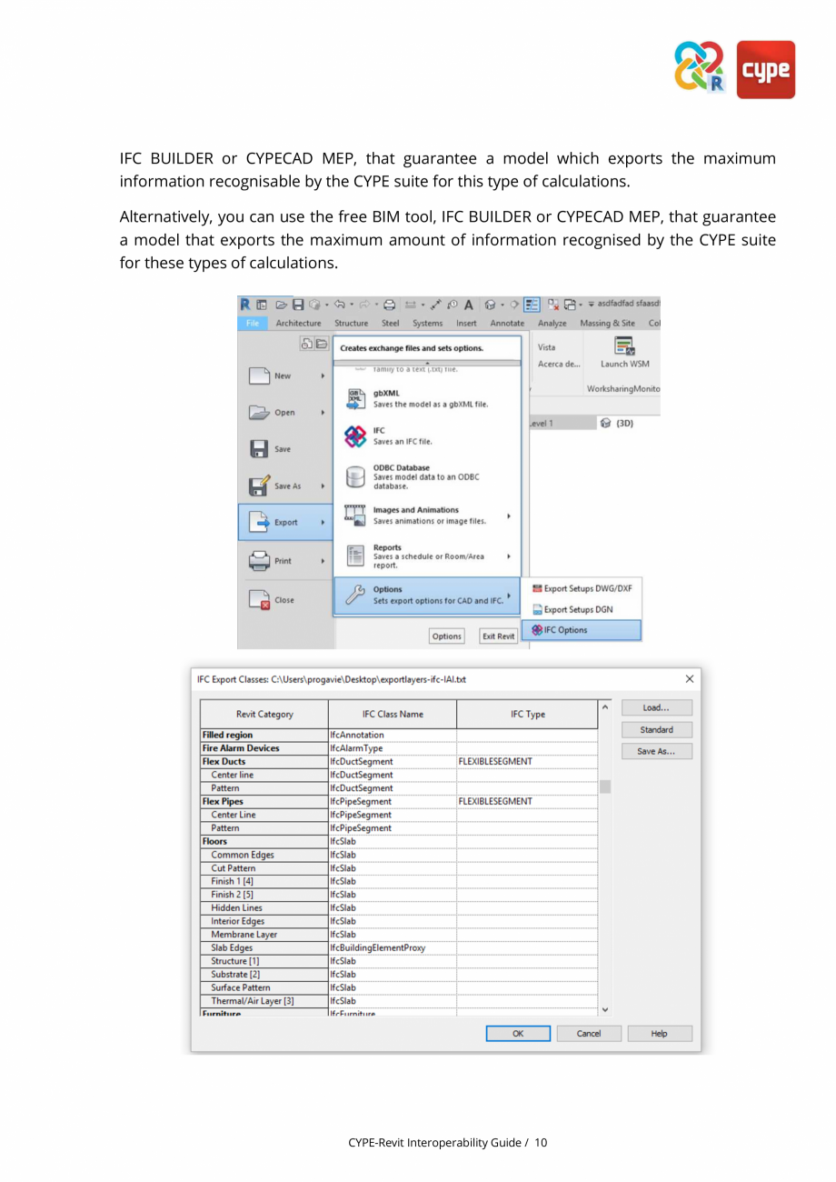 Pagina 10-Ghid de interoperabilitate CYPE - REVIT CYPE Catalog, brosura Engleza  corresponding IFC class and...
