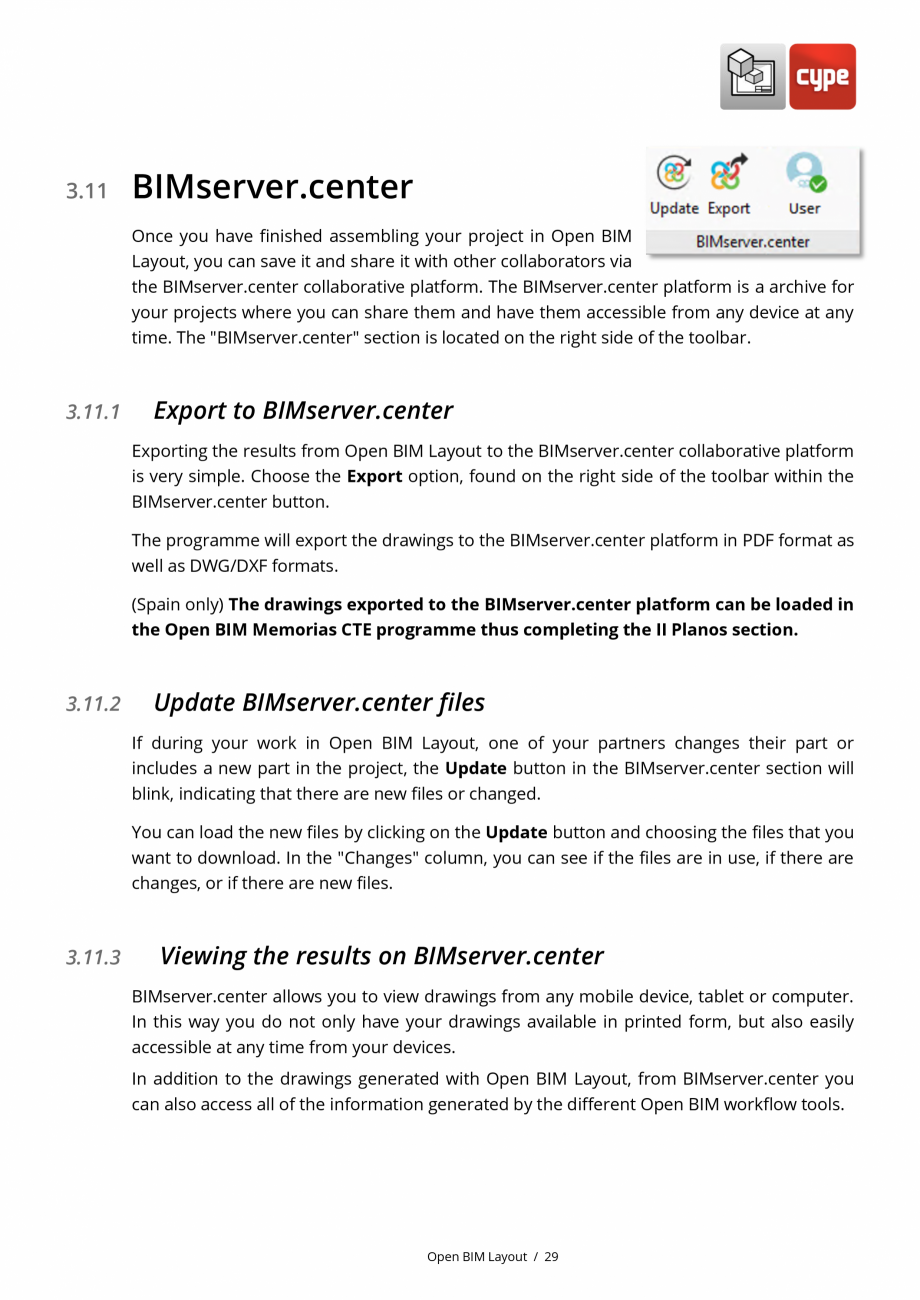 Pagina 29-Open BIM Layout - Manual de utilizare CYPE Instructiuni montaj, utilizare Engleza p contains the...