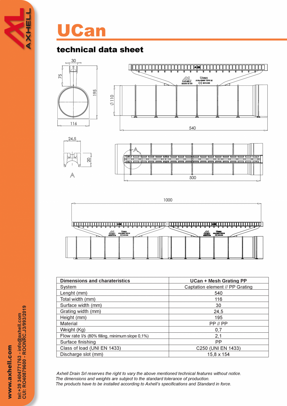 Pagina 3-Rigola plastic GIMANI&MUFLE UCan Fisa tehnica Engleza trance, outlet with drain slot 15.8 x 154 ...