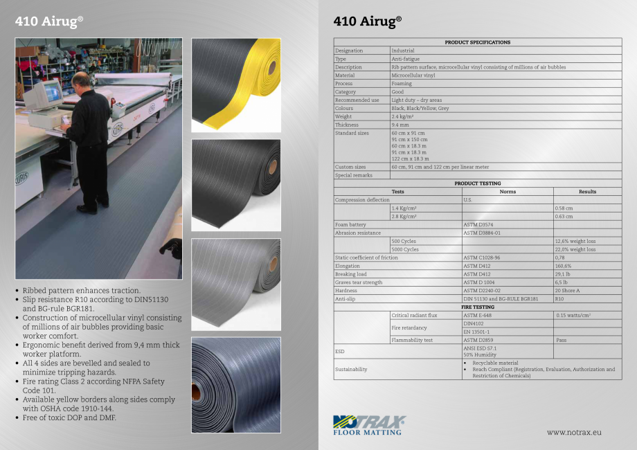 Pagina 1-Covor anti-oboseala COVORASE PROFESIONALE Fisa tehnica Engleza 410 Airug®

410 Airug®
PRODUCT...